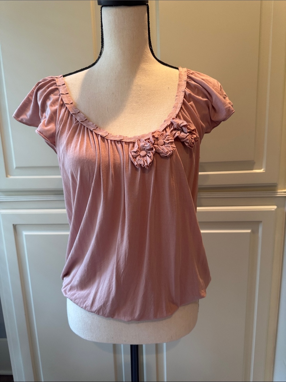 Max Studio Dusty Rose Scoop Neck Top with Floral Rosettes